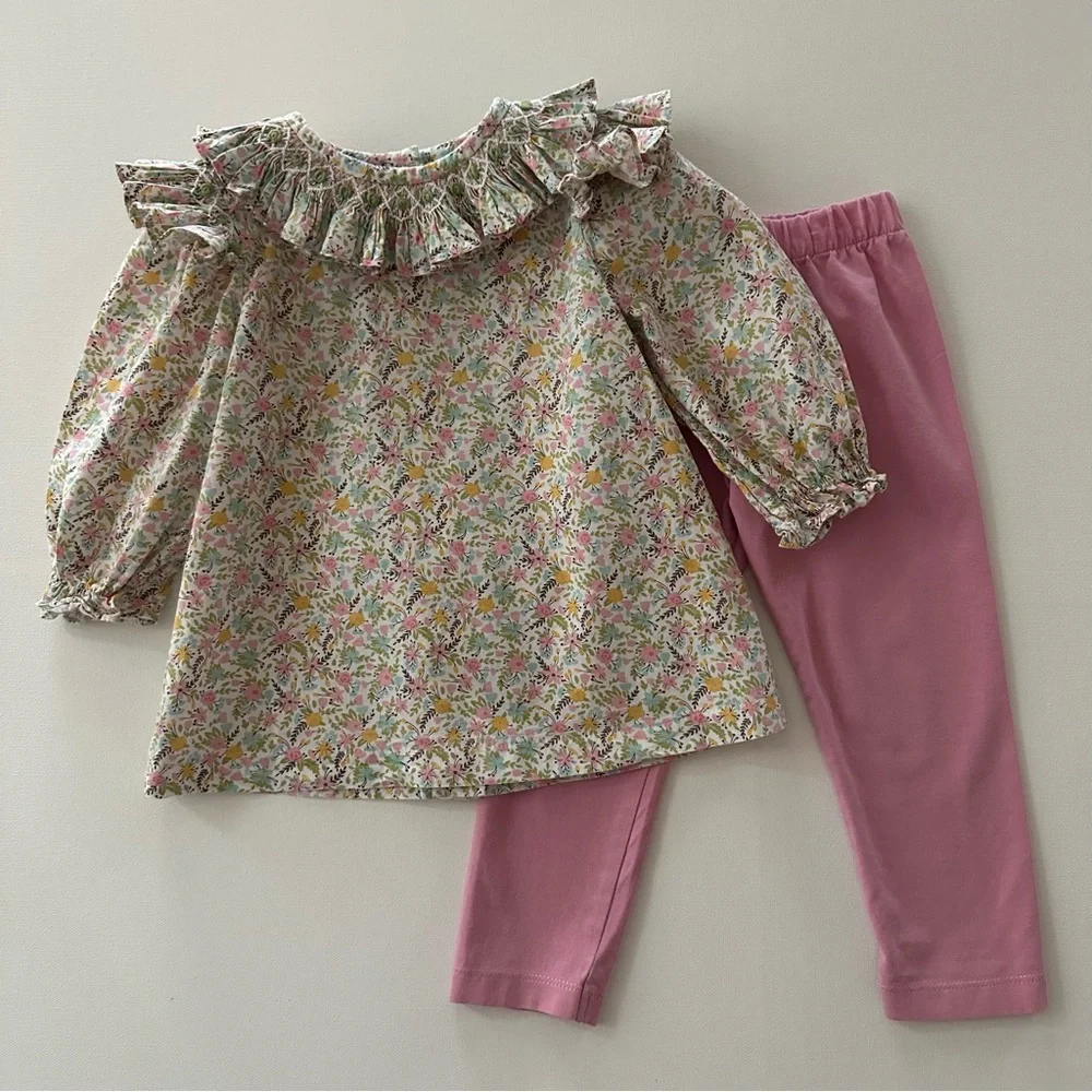 Stitchy Fish 24 Months Girl Floral Smocked Ruffle Top Pink Leggings Set Outfit